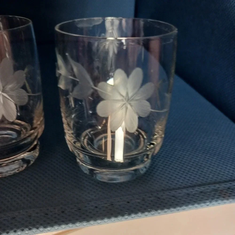 Crystal wine carafe and glasses set of 4 etched floral pattern
